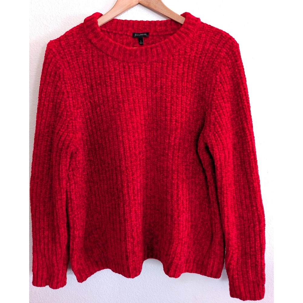Talbots Red Chenille Ribbed Knit Crewneck Sweater Womens Large L Long Sleeve